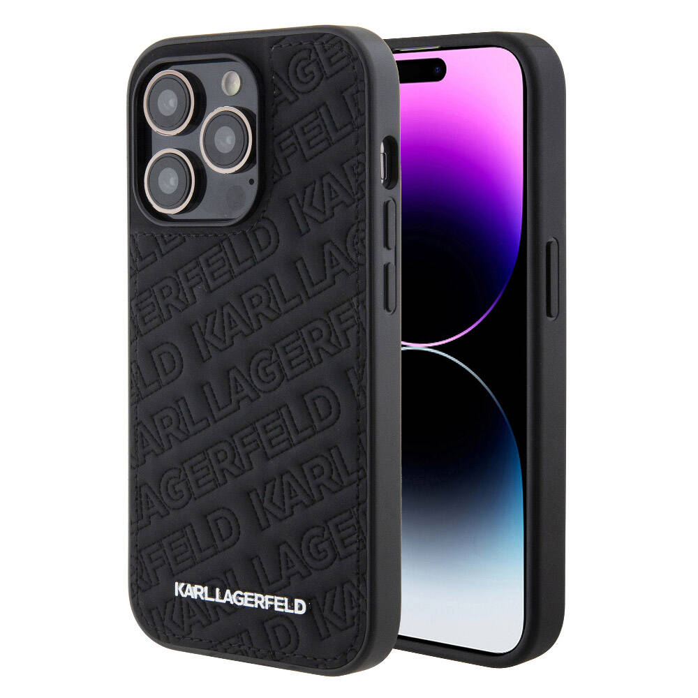 Apple iPhone 15 Pro Max Kılıf Karl Lagerfeld Orjinal Lisanslı Metal Yazı Logolu Dikişli Logo Arka Yüzey Kapitone Kapak Siyah