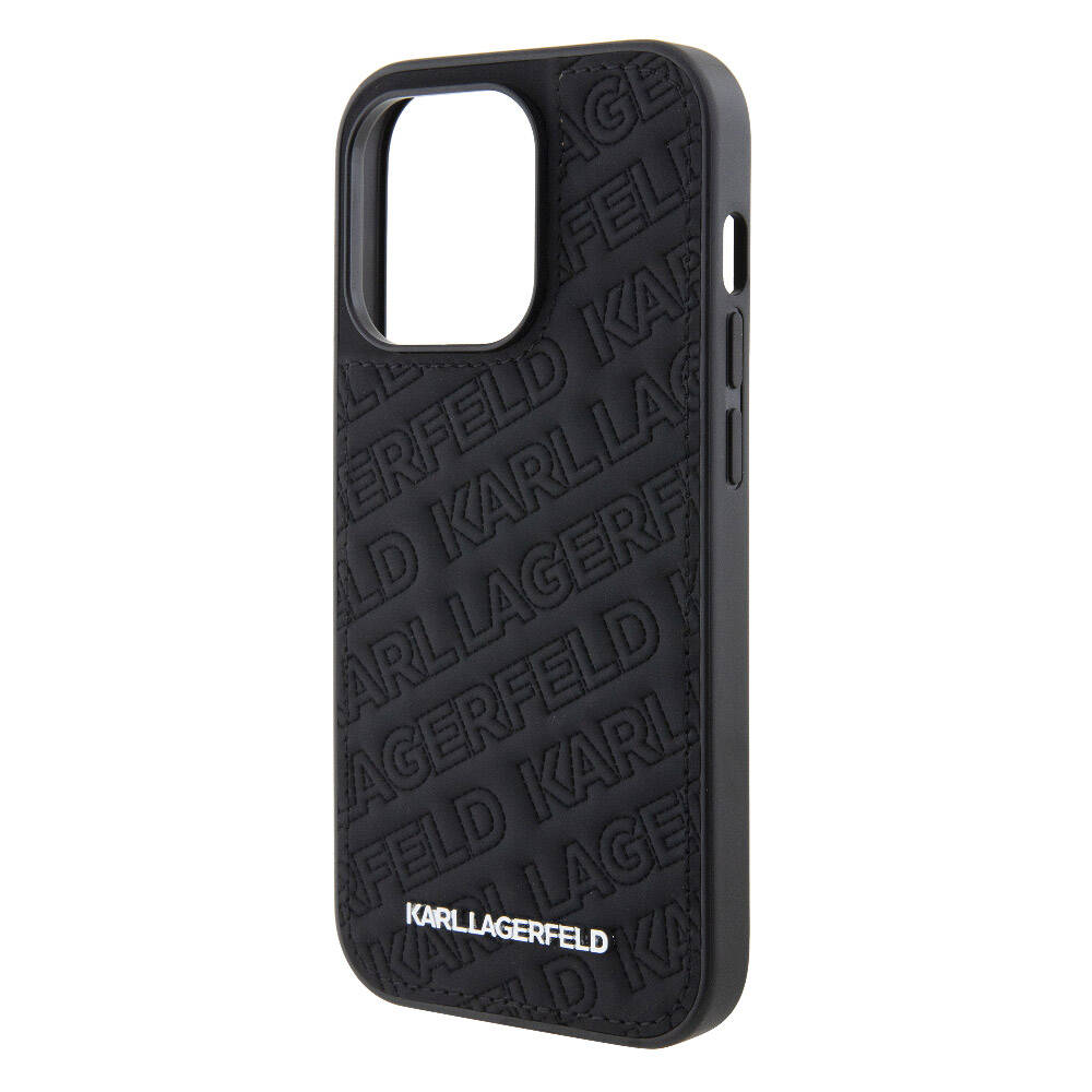 Apple iPhone 15 Pro Max Kılıf Karl Lagerfeld Orjinal Lisanslı Metal Yazı Logolu Dikişli Logo Arka Yüzey Kapitone Kapak Siyah