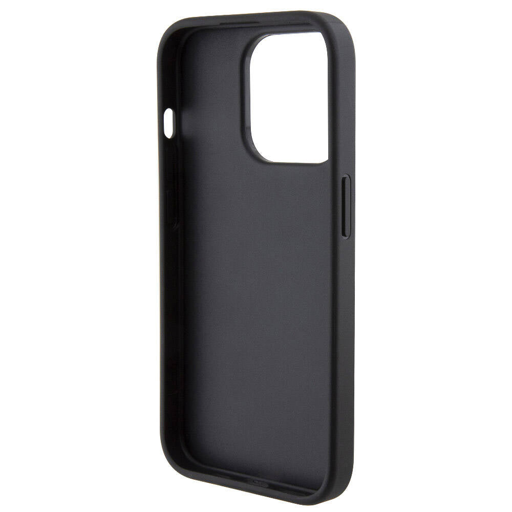 Apple iPhone 15 Pro Max Kılıf Karl Lagerfeld Orjinal Lisanslı Metal Yazı Logolu Dikişli Logo Arka Yüzey Kapitone Kapak Siyah