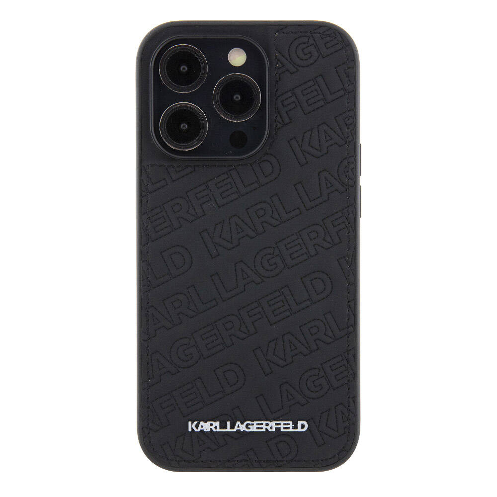 Apple iPhone 15 Pro Max Kılıf Karl Lagerfeld Orjinal Lisanslı Metal Yazı Logolu Dikişli Logo Arka Yüzey Kapitone Kapak Siyah