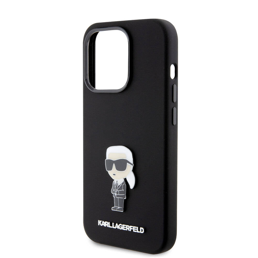 Apple iPhone 15 Pro Max Kılıf Karl Lagerfeld Silikon İkonik Metal Logo Orjinal Lisanslı Kapak Siyah