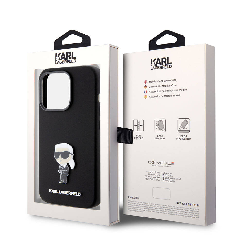 Apple iPhone 15 Pro Max Kılıf Karl Lagerfeld Silikon İkonik Metal Logo Orjinal Lisanslı Kapak Siyah