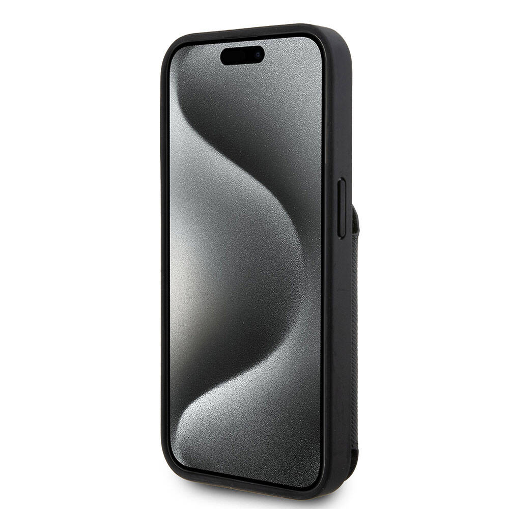 Apple iPhone 15 Pro Max Kılıf Karl Lagerfeld Standlı Kartlıklı Saffiano K&C Metal Logo Orjinal Lisanslı Kapak Siyah