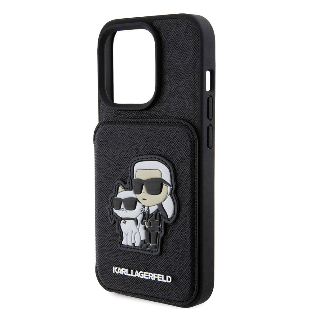 Apple iPhone 15 Pro Max Kılıf Karl Lagerfeld Standlı Kartlıklı Saffiano K&C Metal Logo Orjinal Lisanslı Kapak Siyah