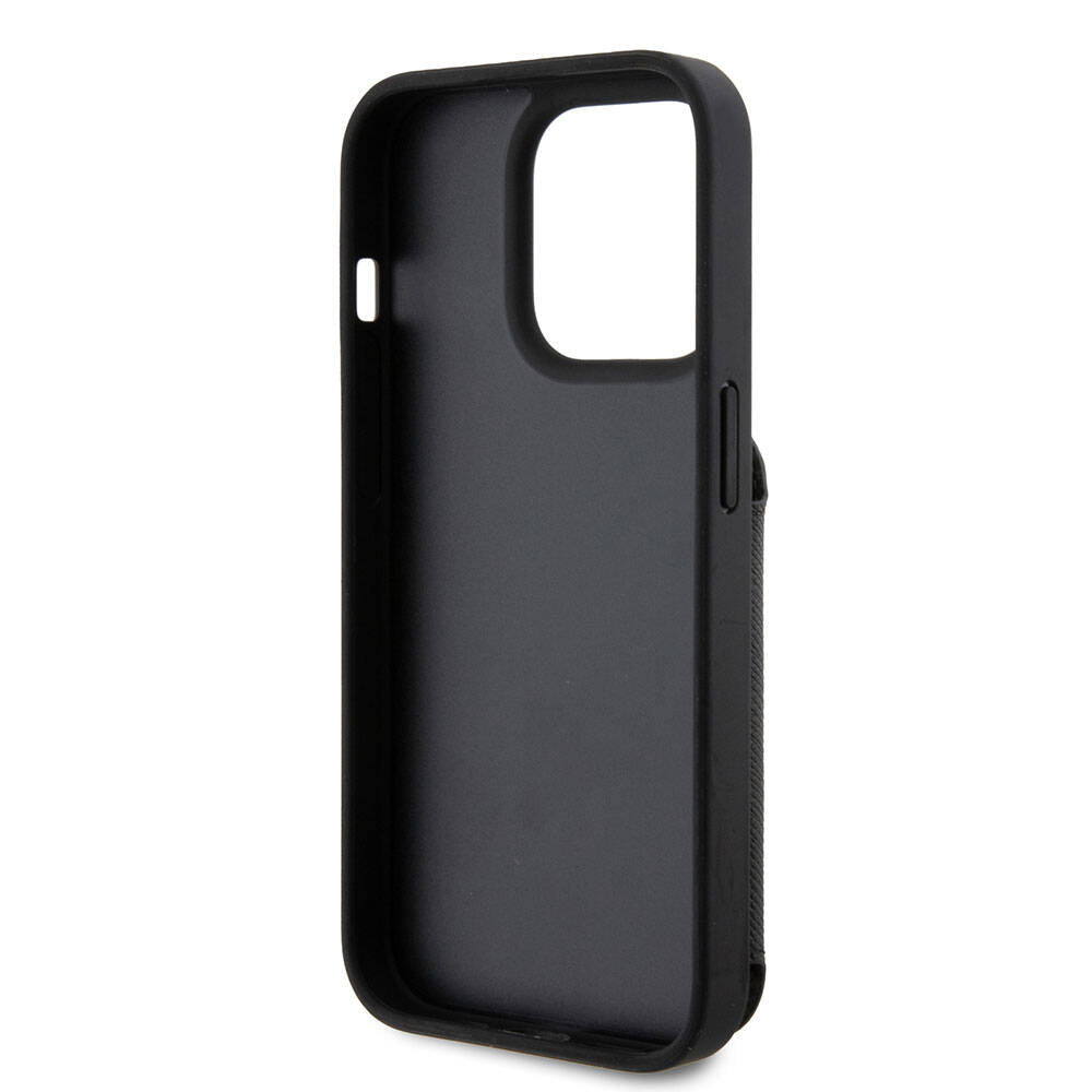 Apple iPhone 15 Pro Max Kılıf Karl Lagerfeld Standlı Kartlıklı Saffiano K&C Metal Logo Orjinal Lisanslı Kapak Siyah