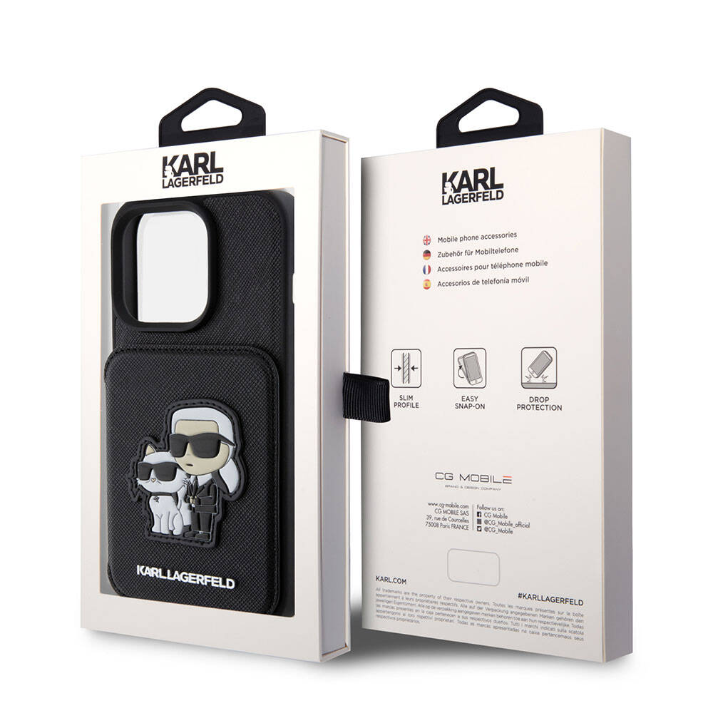 Apple iPhone 15 Pro Max Kılıf Karl Lagerfeld Standlı Kartlıklı Saffiano K&C Metal Logo Orjinal Lisanslı Kapak Siyah