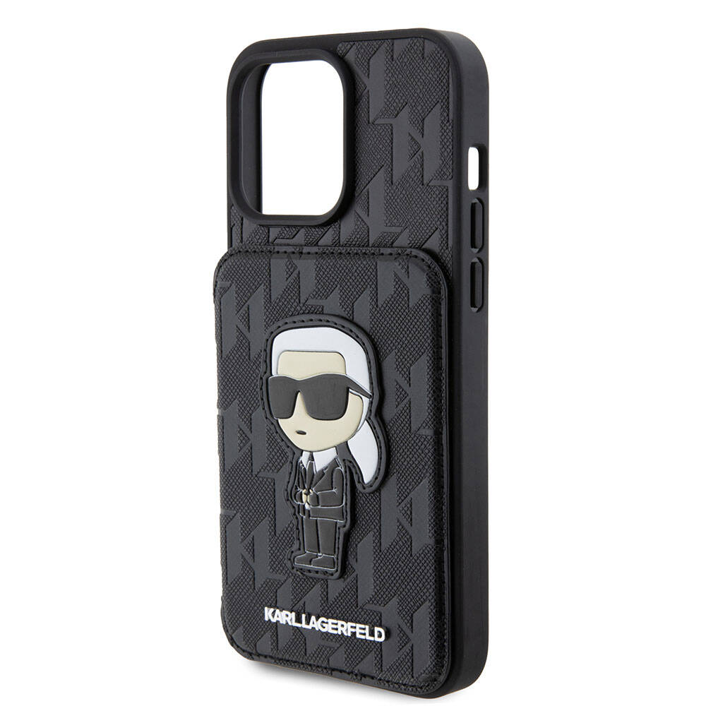 Apple iPhone 15 Pro Max Kılıf Karl Lagerfeld Standlı Kartlıklı Saffiano Monogram İkonik Metal Logo Orjinal Lisanslı Kapak Siyah