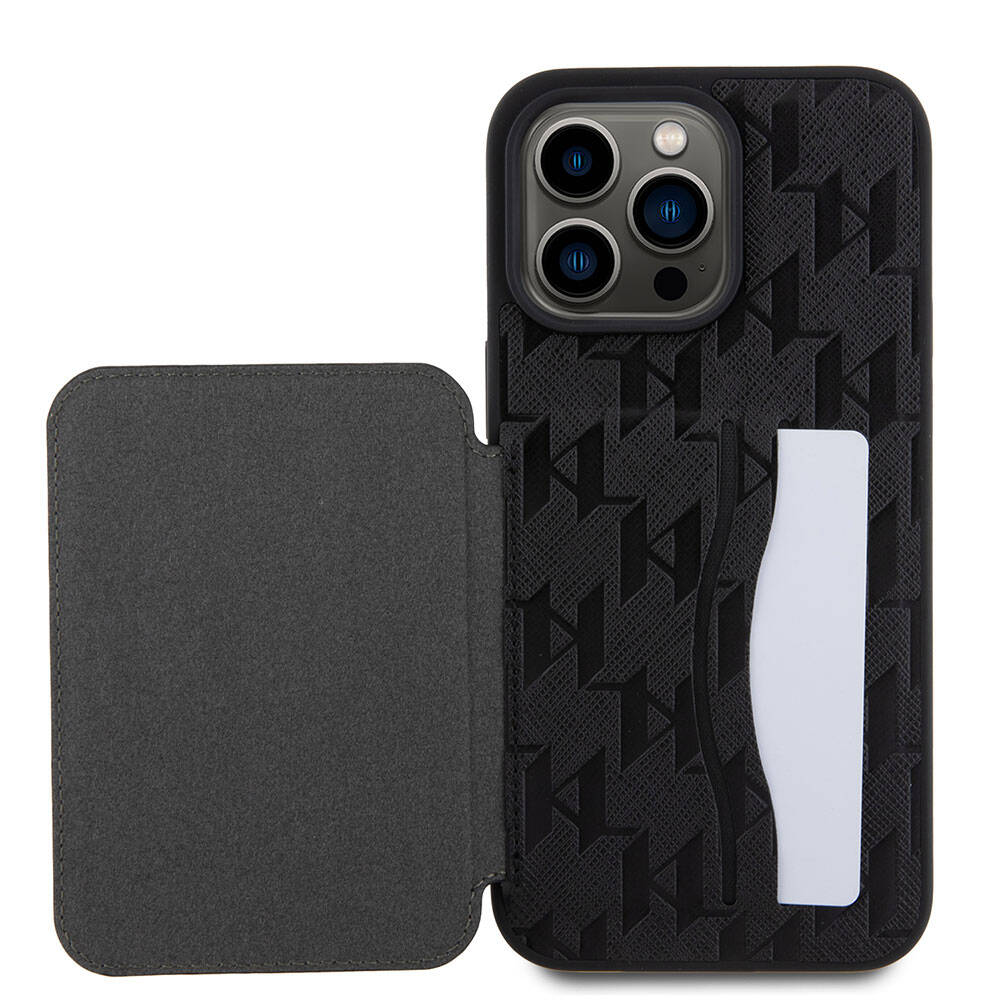 Apple iPhone 15 Pro Max Kılıf Karl Lagerfeld Standlı Kartlıklı Saffiano Monogram İkonik Metal Logo Orjinal Lisanslı Kapak Siyah