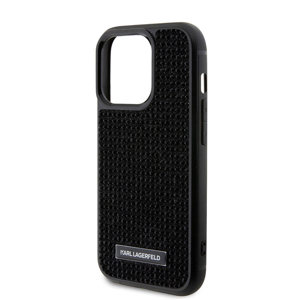 Apple iPhone 15 Pro Max Kılıf Karl Lagerfeld Taşlı Metal Logo Orjinal Lisanslı Kapak Siyah