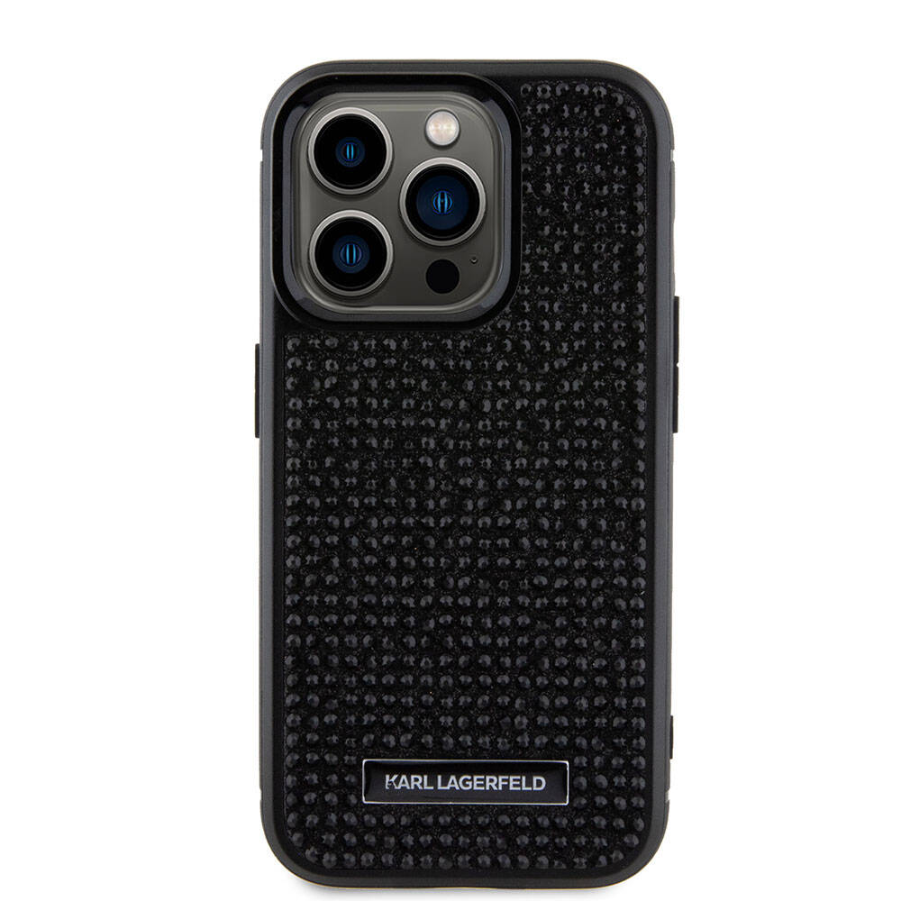 Apple iPhone 15 Pro Max Kılıf Karl Lagerfeld Taşlı Metal Logo Orjinal Lisanslı Kapak Siyah