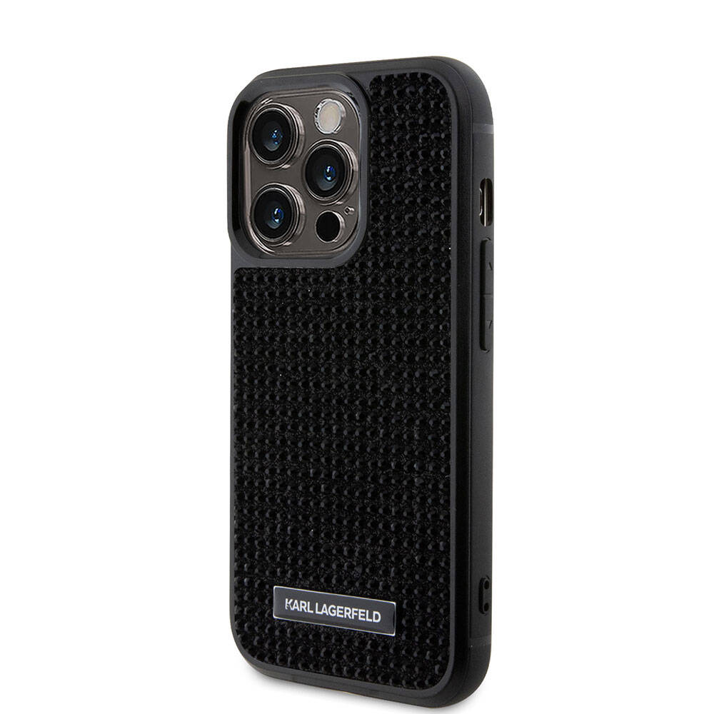 Apple iPhone 15 Pro Max Kılıf Karl Lagerfeld Taşlı Metal Logo Orjinal Lisanslı Kapak Siyah