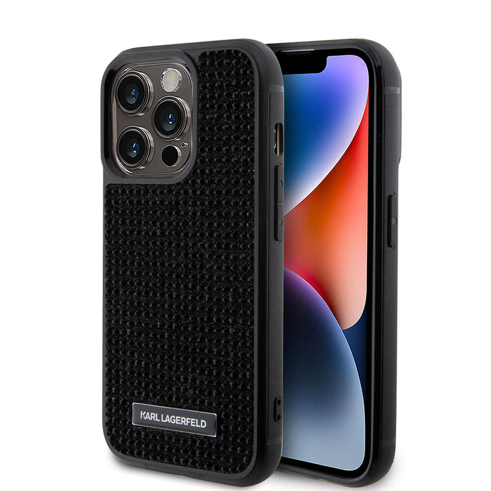 Apple iPhone 15 Pro Max Kılıf Karl Lagerfeld Taşlı Metal Logo Orjinal Lisanslı Kapak Siyah