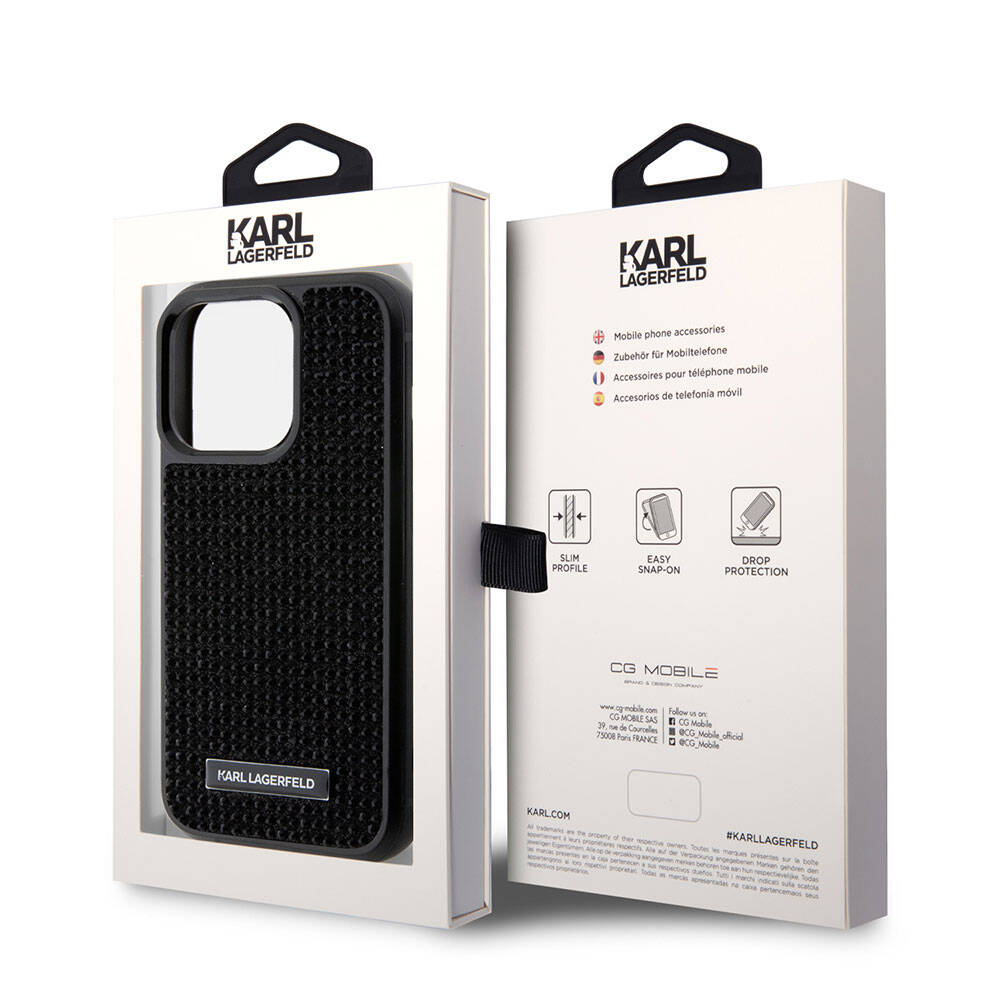 Apple iPhone 15 Pro Max Kılıf Karl Lagerfeld Taşlı Metal Logo Orjinal Lisanslı Kapak Siyah