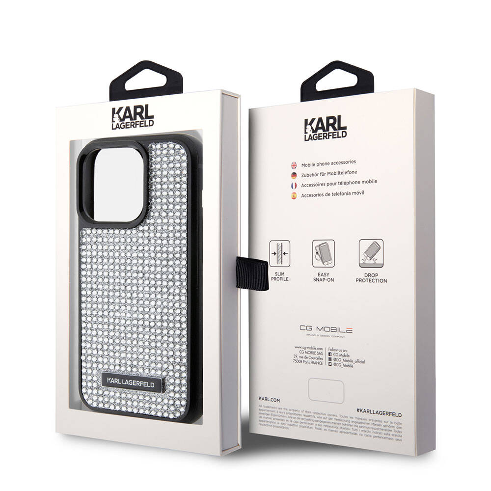 Apple iPhone 15 Pro Max Kılıf Karl Lagerfeld Taşlı Metal Logo Orjinal Lisanslı Kapak Siyah