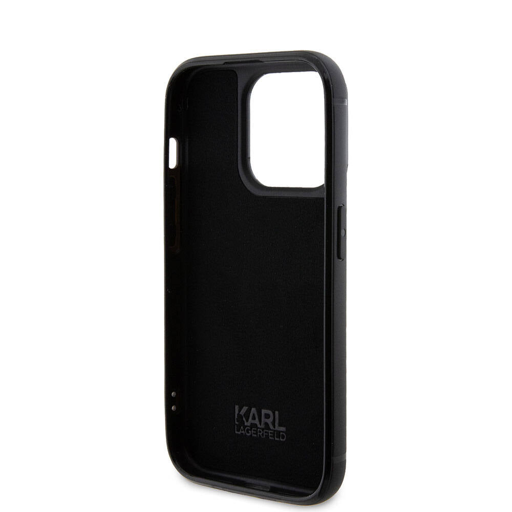 Apple iPhone 15 Pro Max Kılıf Karl Lagerfeld Taşlı Metal Logo Orjinal Lisanslı Kapak Siyah