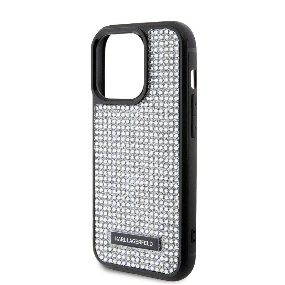 Apple iPhone 15 Pro Max Kılıf Karl Lagerfeld Taşlı Metal Logo Orjinal Lisanslı Kapak Siyah