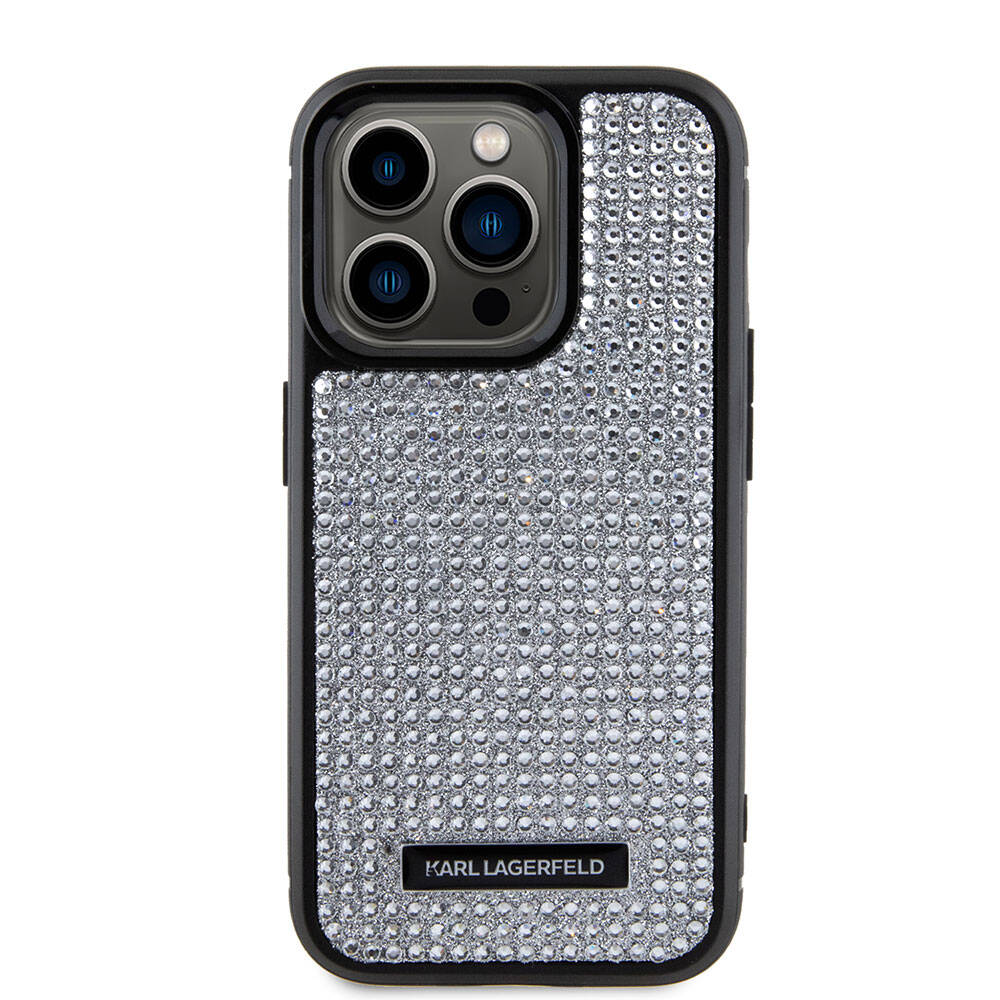Apple iPhone 15 Pro Max Kılıf Karl Lagerfeld Taşlı Metal Logo Orjinal Lisanslı Kapak Siyah