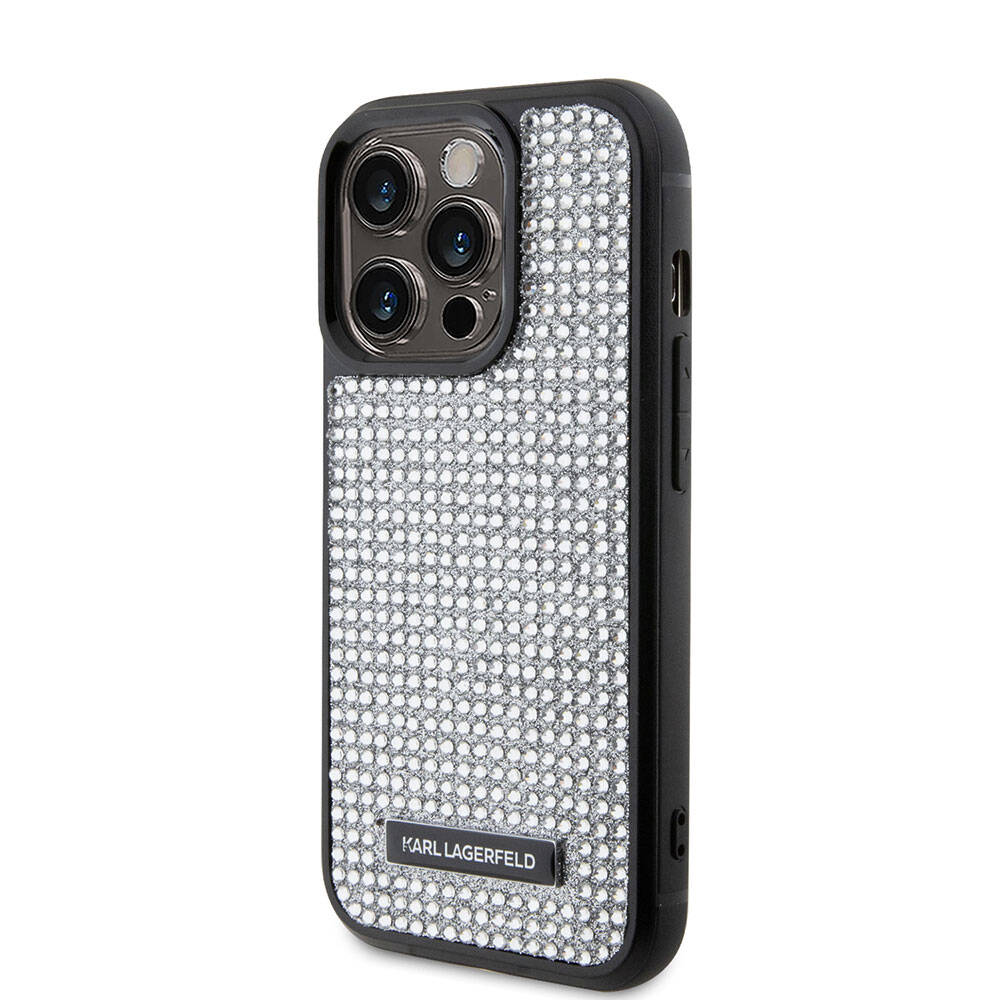 Apple iPhone 15 Pro Max Kılıf Karl Lagerfeld Taşlı Metal Logo Orjinal Lisanslı Kapak Siyah