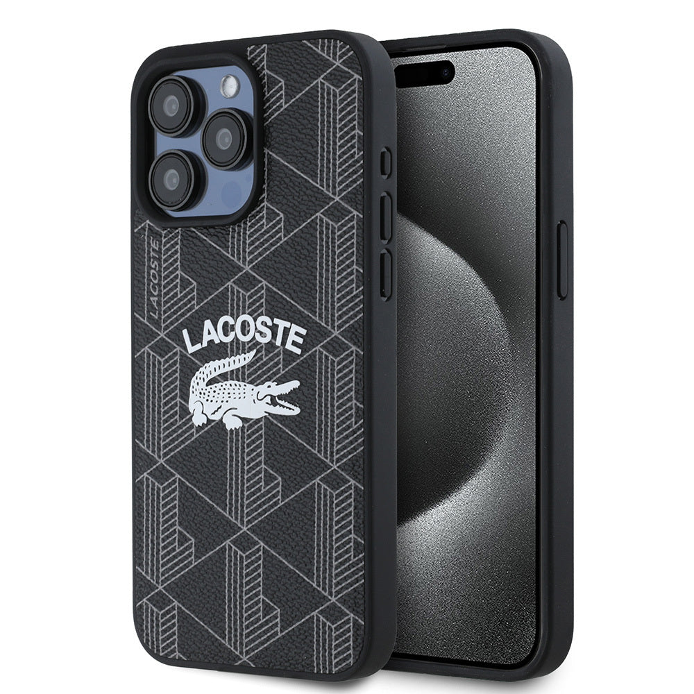 Apple iPhone 15 Pro Max Kılıf Lacoste Orjinal Lisanslı M-safe Şarj Özellikli Mono Vintage Logo Kapak Siyah