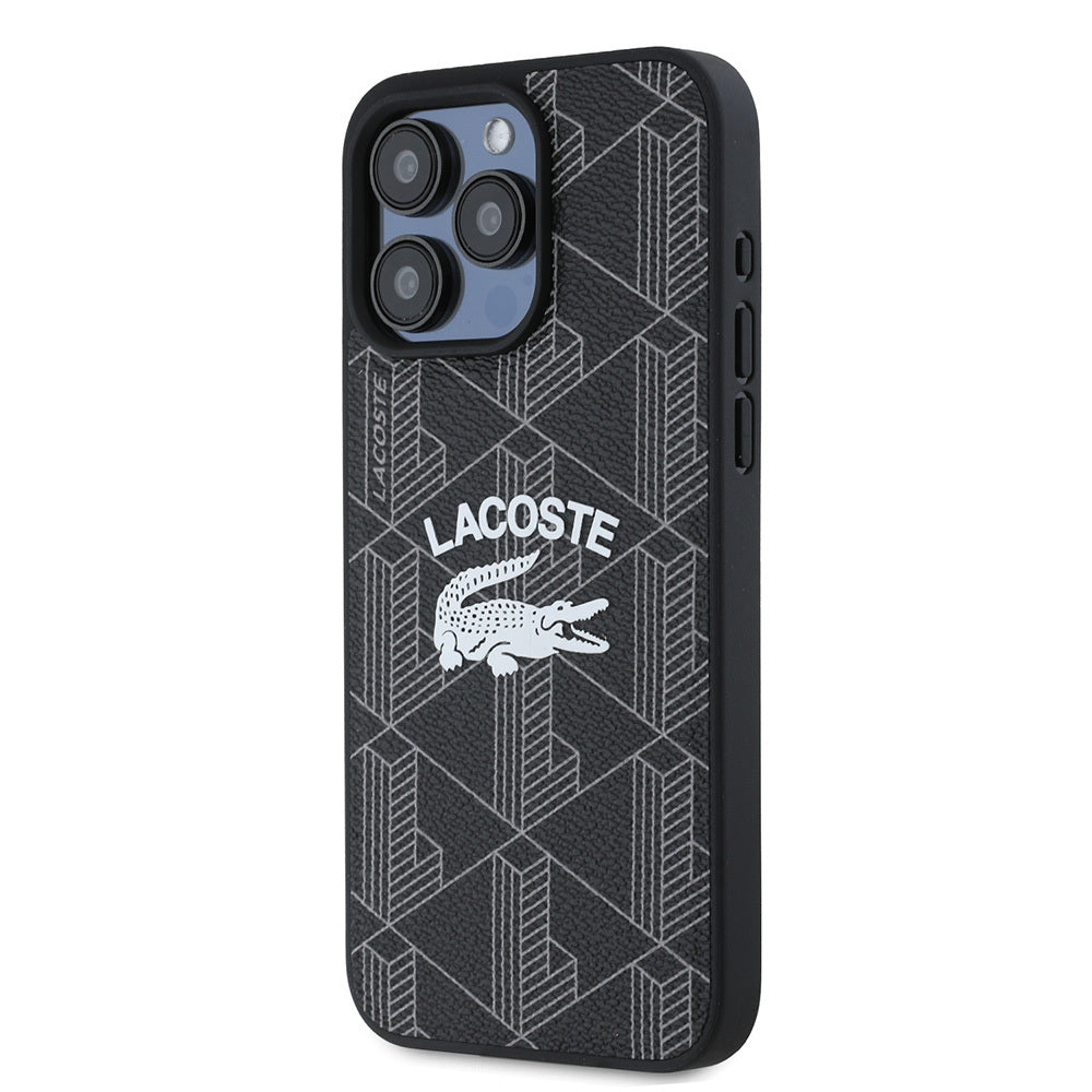 Apple iPhone 15 Pro Max Kılıf Lacoste Orjinal Lisanslı M-safe Şarj Özellikli Mono Vintage Logo Kapak Siyah