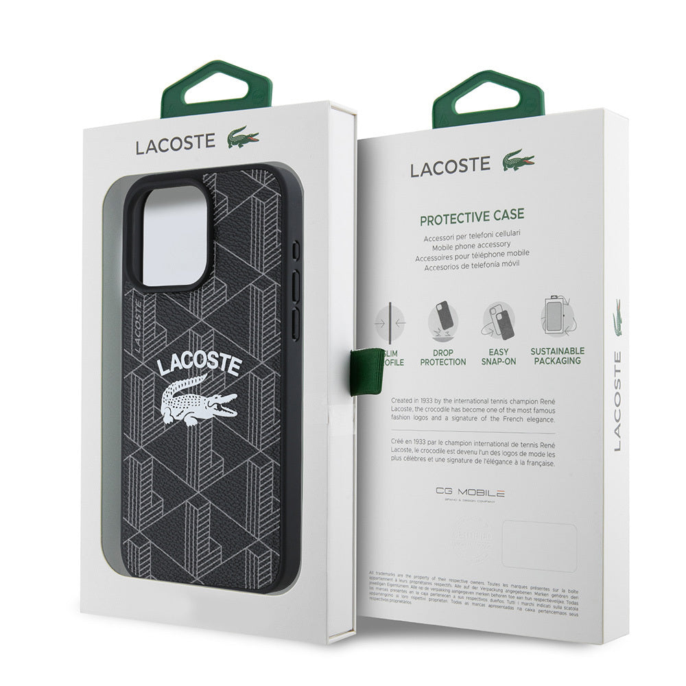 Apple iPhone 15 Pro Max Kılıf Lacoste Orjinal Lisanslı M-safe Şarj Özellikli Mono Vintage Logo Kapak Siyah