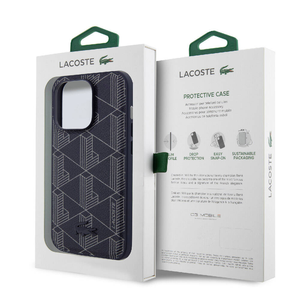 Apple iPhone 15 Pro Max Kılıf Lacoste Orjinal Lisanslı M-safe Şarj Özellikli PU Deri Görünümlü Karışık Monogram Desenli Kapak Lacivert
