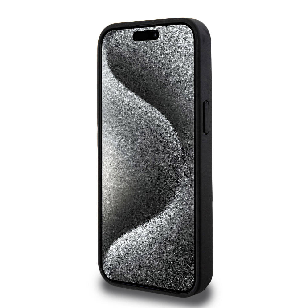 Apple iPhone 15 Pro Max Kılıf Lacoste Orjinal Lisanslı M-safe Şarj Özellikli PU Deri Görünümlü Kartlıklı Karışık Monogram Desenli Kapak Siyah