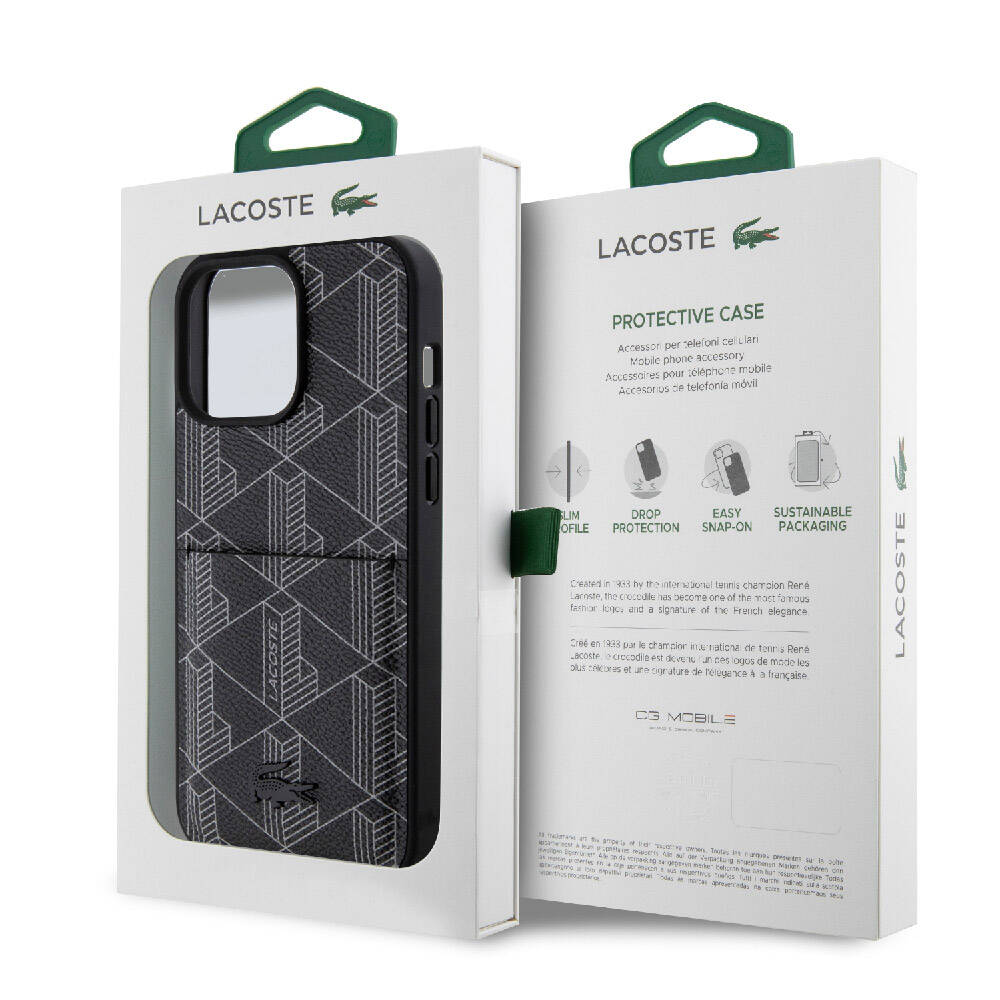 Apple iPhone 15 Pro Max Kılıf Lacoste Orjinal Lisanslı M-safe Şarj Özellikli PU Deri Görünümlü Kartlıklı Karışık Monogram Desenli Kapak Siyah