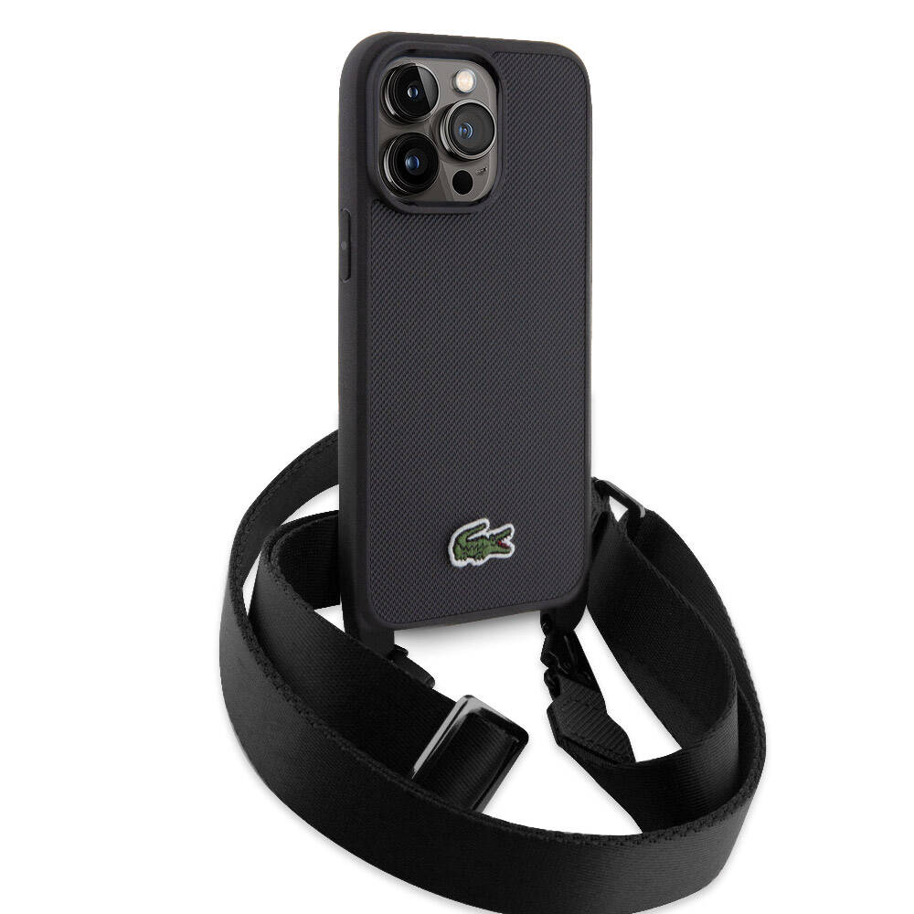 Apple iPhone 15 Pro Max Kılıf Lacoste Orjinal Lisanslı PU Pike Desenli Arka Yüzey Askılı İkonik Timsah Dokuma Logolu Kapak Lacivert