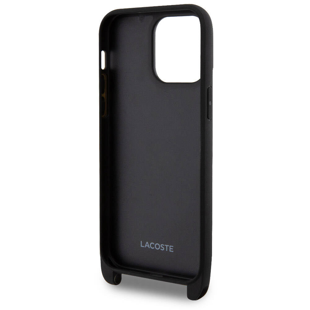 Apple iPhone 15 Pro Max Kılıf Lacoste Orjinal Lisanslı PU Pike Desenli Arka Yüzey Askılı İkonik Timsah Dokuma Logolu Kapak Lacivert