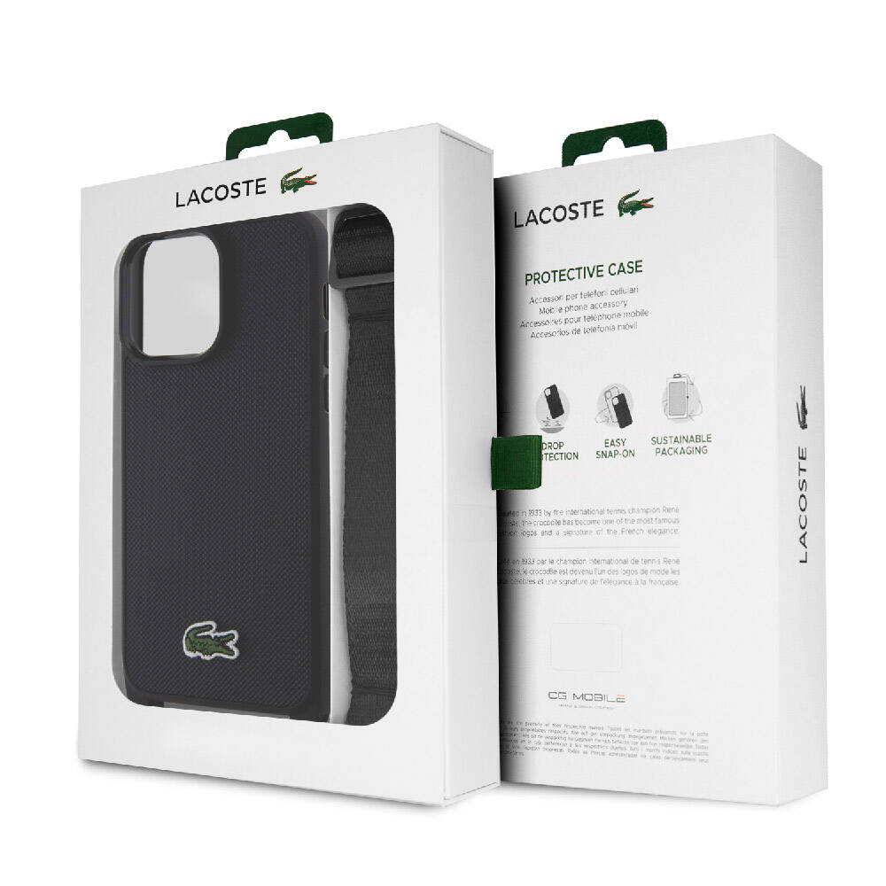 Apple iPhone 15 Pro Max Kılıf Lacoste Orjinal Lisanslı PU Pike Desenli Arka Yüzey Askılı İkonik Timsah Dokuma Logolu Kapak Siyah
