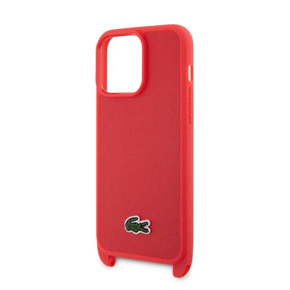 Apple iPhone 15 Pro Max Kılıf Lacoste Orjinal Lisanslı PU Pike Desenli Arka Yüzey Askılı İkonik Timsah Dokuma Logolu Kapak Siyah