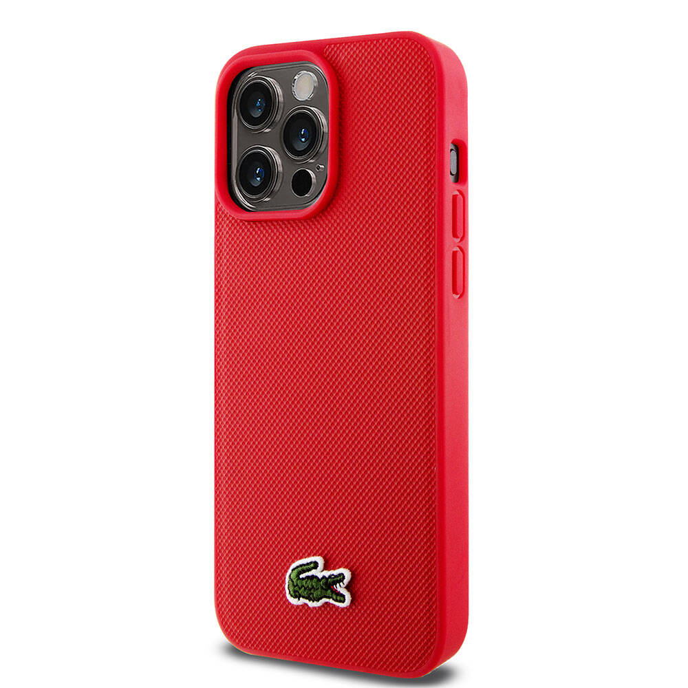 Apple iPhone 15 Pro Max Kılıf Lacoste Orjinal Lisanslı PU Pike Desenli Arka Yüzey İkonik Timsah Dokuma Logolu Kapak Kırmızı