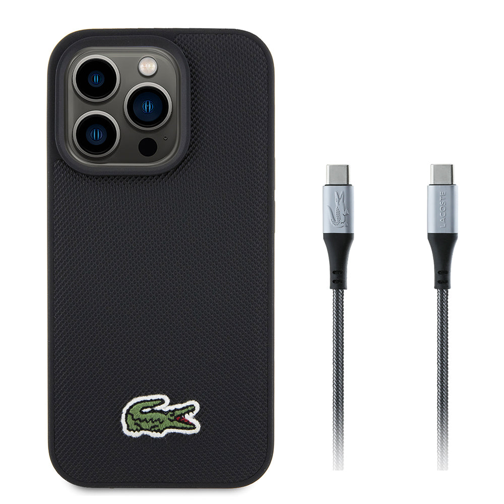 Apple iPhone 15 Pro Max Kılıf Lacoste Orjinal Lisanslı PU Pike Desenli Arka Yüzey İkonik Timsah Dokuma Logolu Kapak + Type-C Kablo 1.5m Siyah