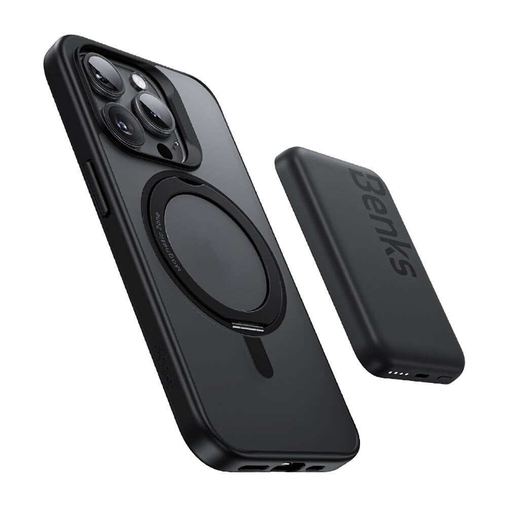 Apple iPhone 15 Pro Max Kılıf M-safe Şarj Özellikli 360° Dönebilen Benks Pop Stand Kapak Gri