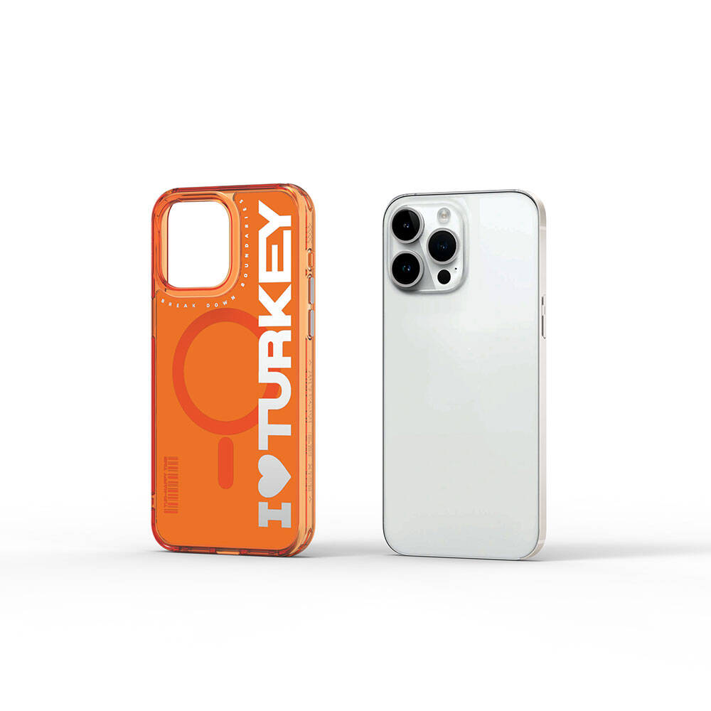 Apple iPhone 15 Pro Max Kılıf M-safe Şarj Özellikli I Love Turkey Yazı Desenli Wiwu Turkey E Serisi Kapak Turuncu