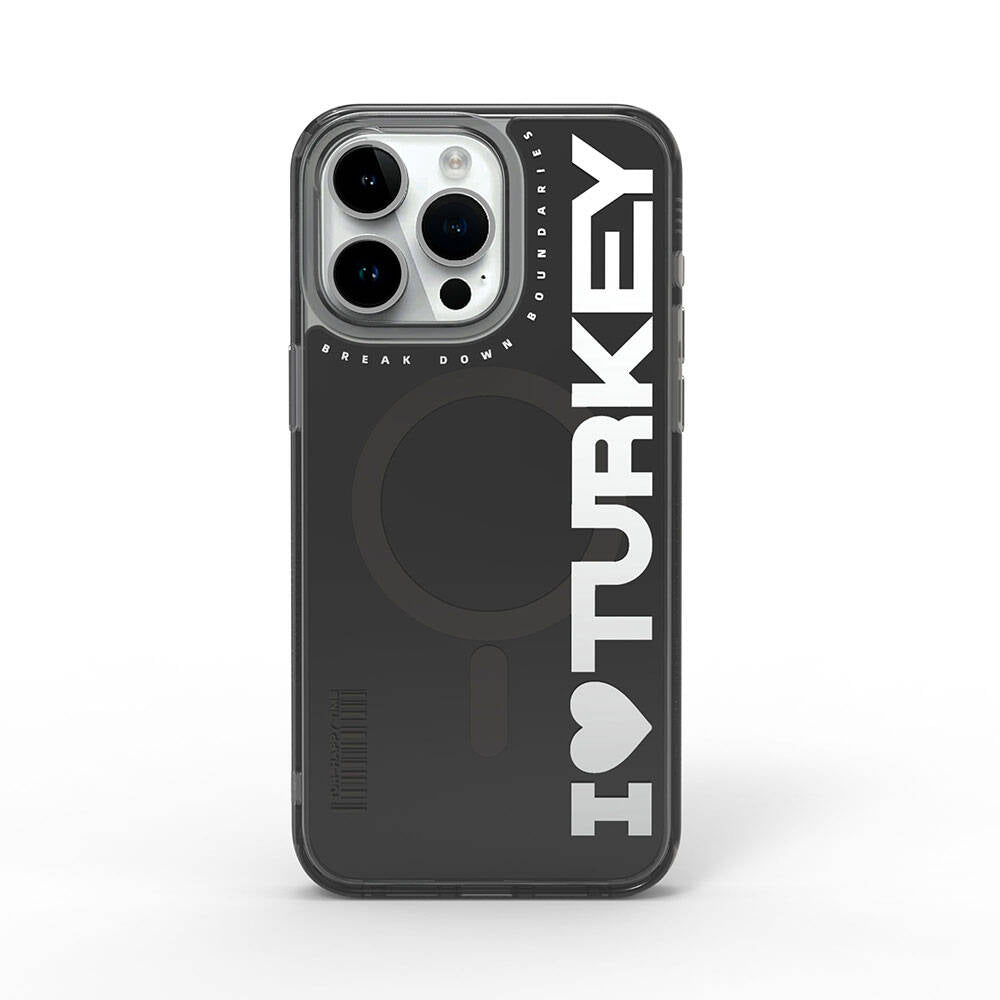 Apple iPhone 15 Pro Max Kılıf M-safe Şarj Özellikli I Love Turkey Yazı Desenli Wiwu Turkey E Serisi Kapak Siyah