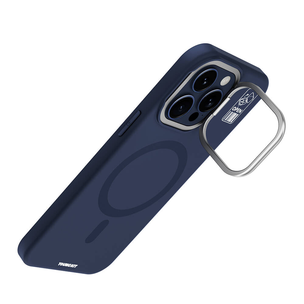 Apple iPhone 15 Pro Max Kılıf M-safe Şarj Özellikli Kamera Standlı Youngkit Bitty Cream Kapak Mavi