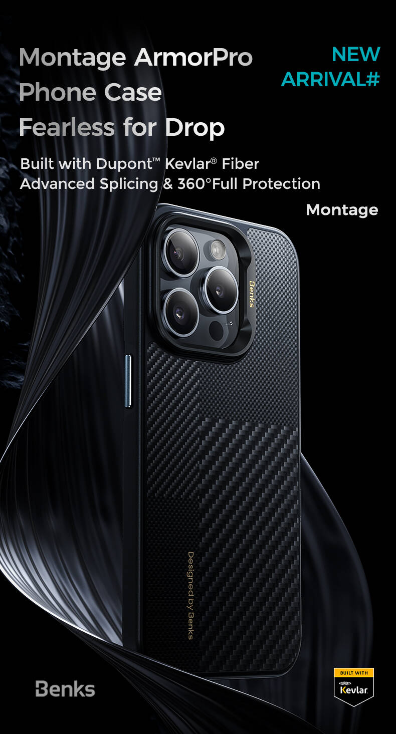 Apple iPhone 15 Pro Max Kılıf M-safe Şarj Özellikli Karbon Fiber Benks Montage Hybrid ArmorPro Kevlar Kapak Siyah