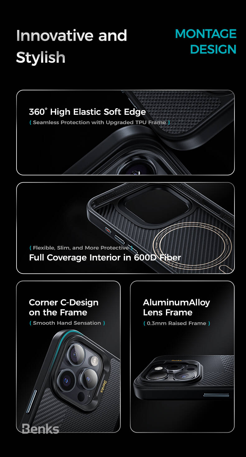 Apple iPhone 15 Pro Max Kılıf M-safe Şarj Özellikli Karbon Fiber Benks Montage Hybrid ArmorPro Kevlar Kapak Siyah