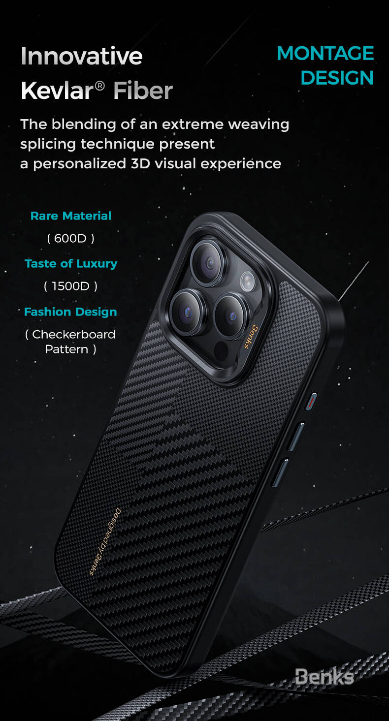 Apple iPhone 15 Pro Max Kılıf M-safe Şarj Özellikli Karbon Fiber Benks Montage Hybrid ArmorPro Kevlar Kapak Siyah