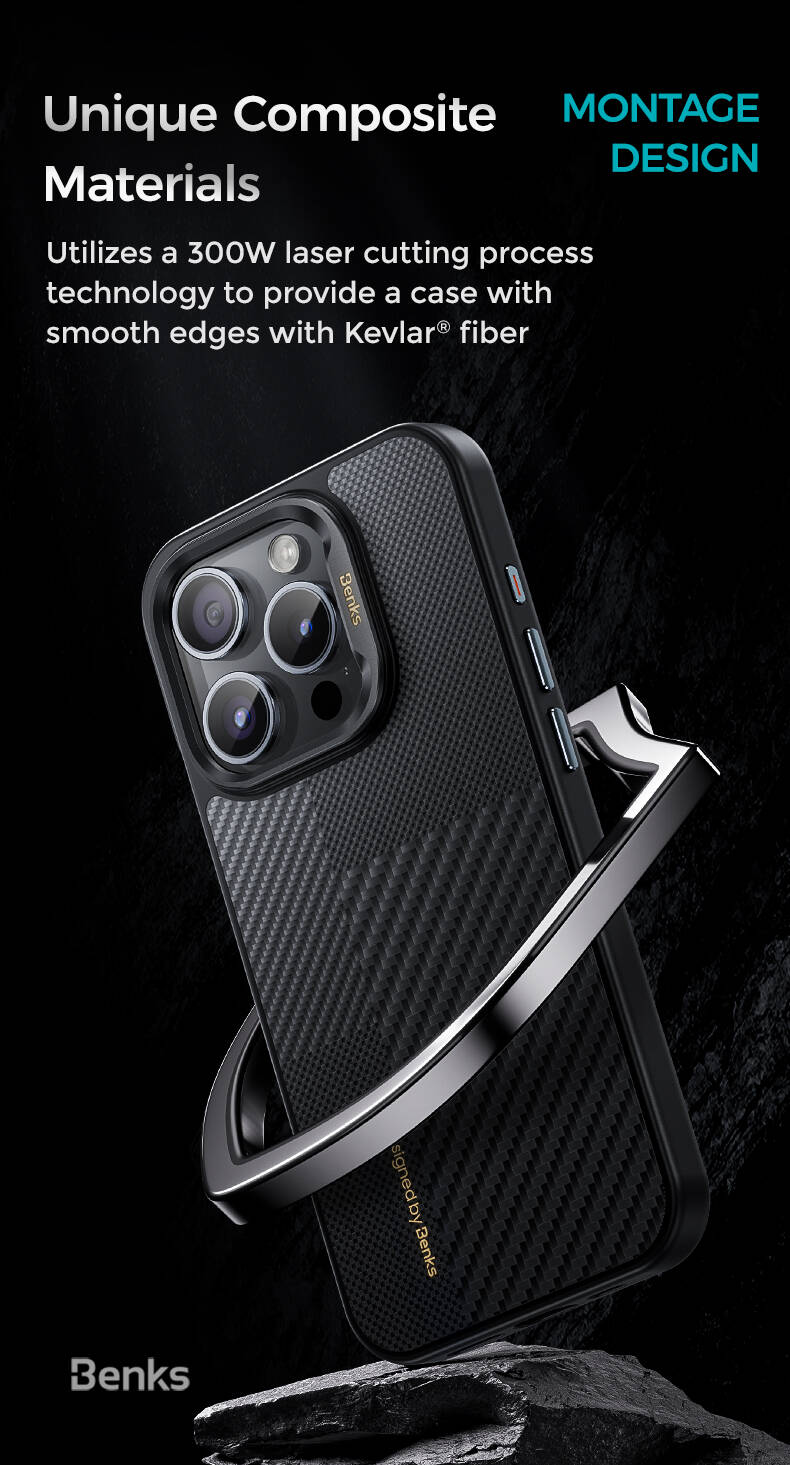 Apple iPhone 15 Pro Max Kılıf M-safe Şarj Özellikli Karbon Fiber Benks Montage Hybrid ArmorPro Kevlar Kapak Siyah