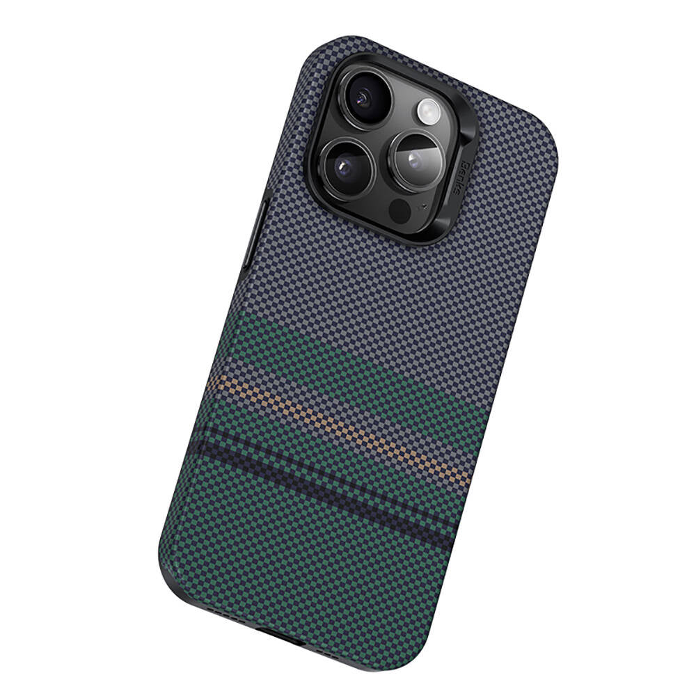 Apple iPhone 15 Pro Max Kılıf M-safe Şarj Özellikli Karbon Fiber Tasarımlı Benks Aurora ArmorPro Kevlar Kapak Siyah