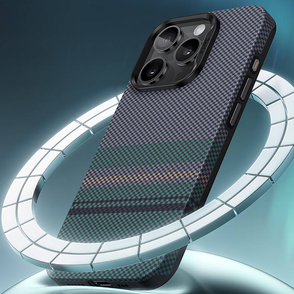 Apple iPhone 15 Pro Max Kılıf M-safe Şarj Özellikli Karbon Fiber Tasarımlı Benks Aurora ArmorPro Kevlar Kapak Siyah