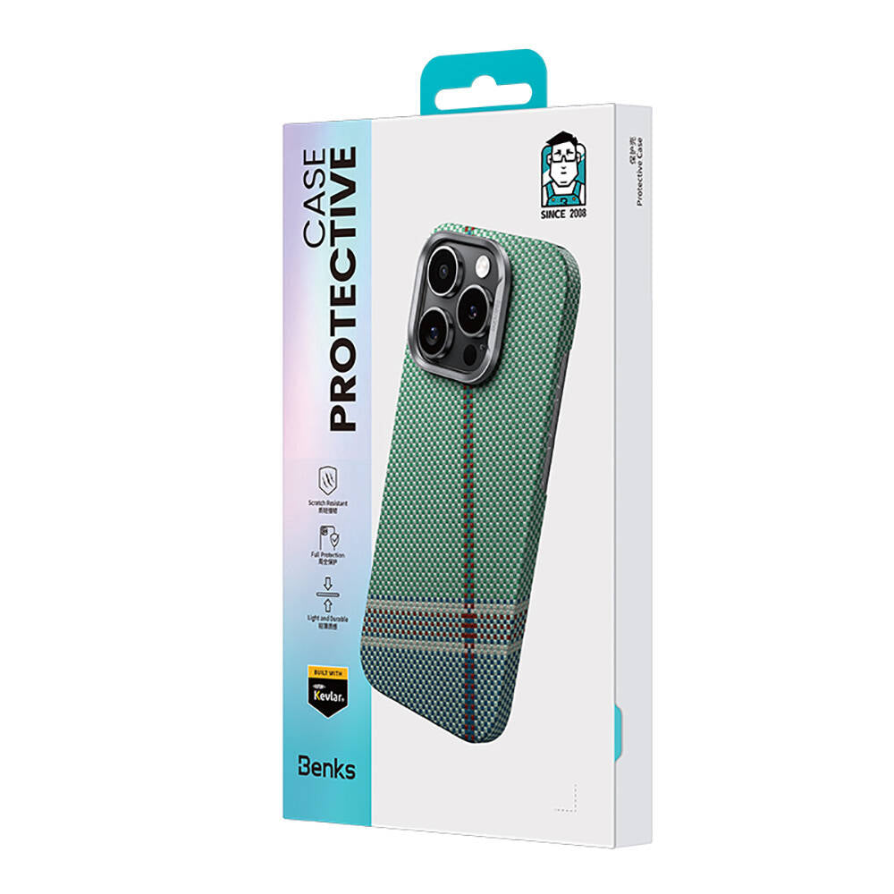 Apple iPhone 15 Pro Max Kılıf M-safe Şarj Özellikli Karbon Fiber Tasarımlı Benks Passion Green ArmorAir Kevlar Kapak Yeşil