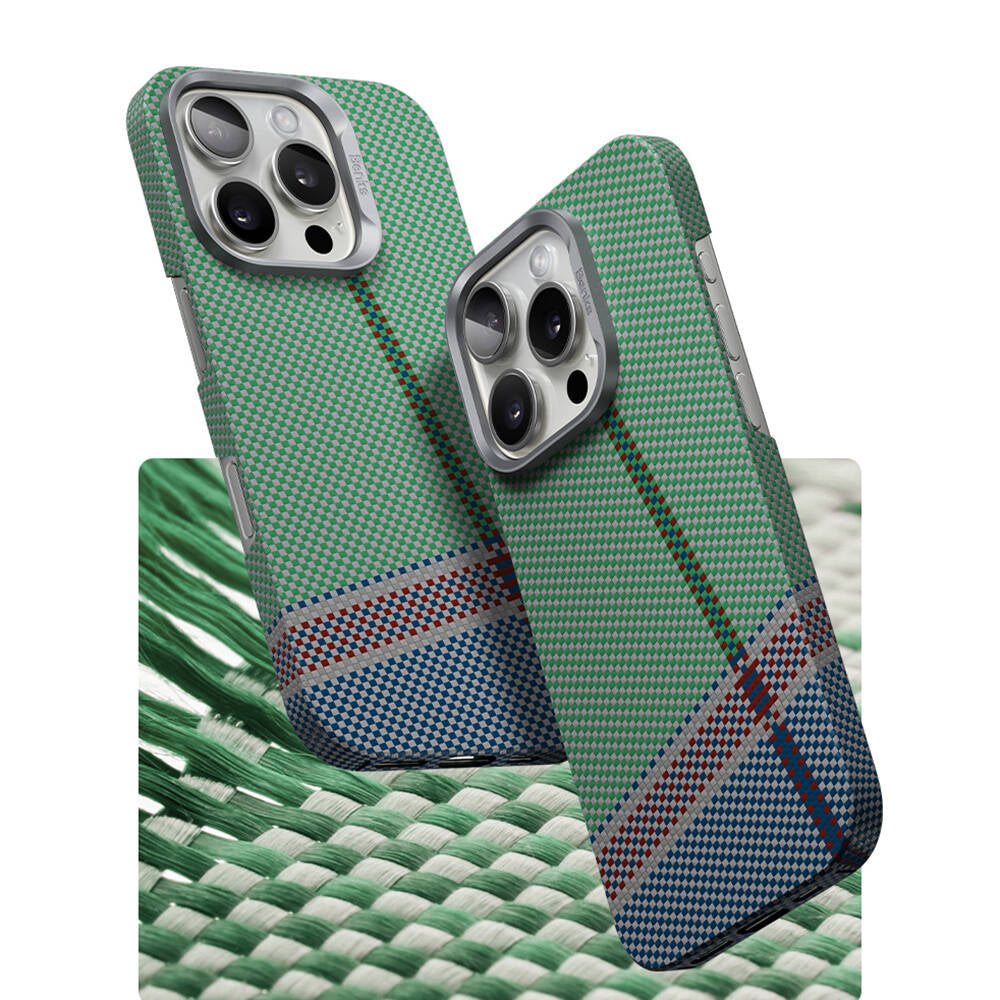 Apple iPhone 15 Pro Max Kılıf M-safe Şarj Özellikli Karbon Fiber Tasarımlı Benks Passion Green ArmorAir Kevlar Kapak Yeşil