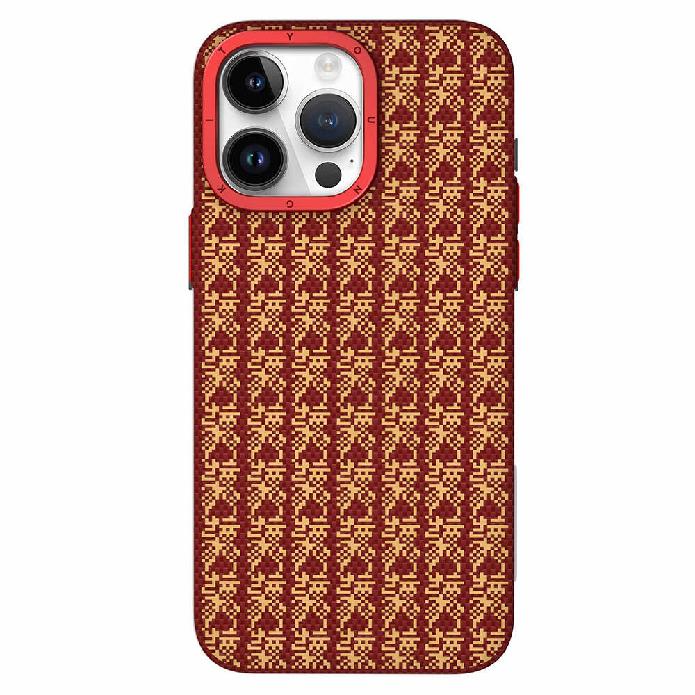 Apple iPhone 15 Pro Max Kılıf M-safe Şarj Özellikli Kevlar 1500D Youngkit Auspicious Loong Serisi Kapak Kırmızı