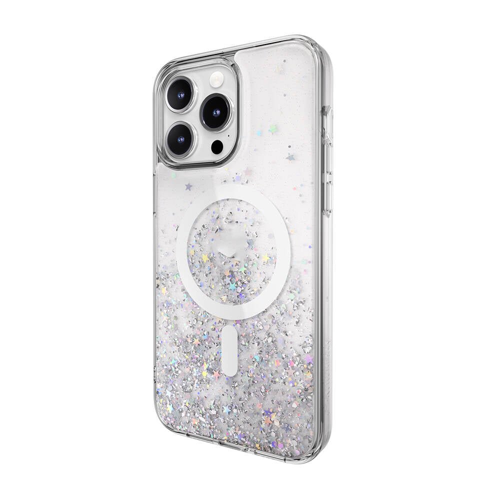 Apple iPhone 15 Pro Max Kılıf M-safe Şarj Özellikli Parlayan Simli Şeffaf Lisanslı Switcheasy Starfield-M Kapak Mor