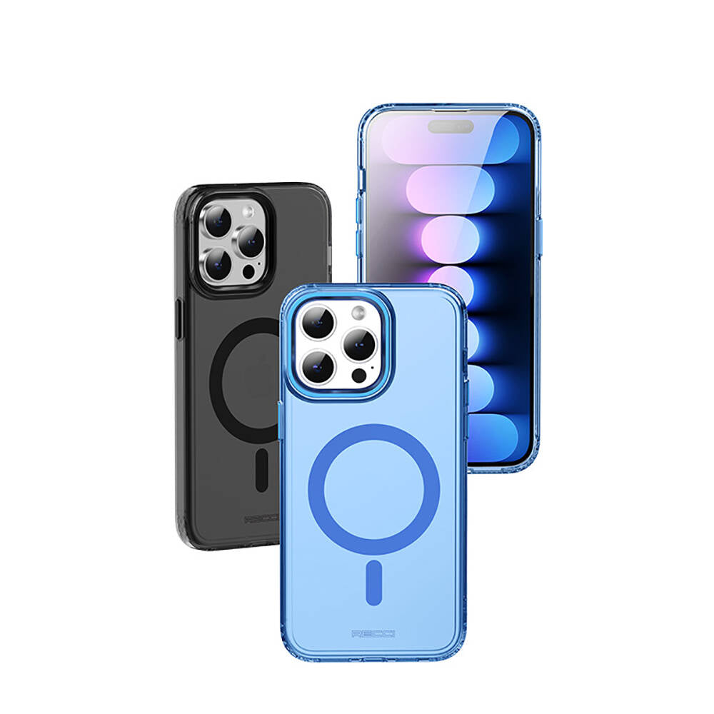Apple iPhone 15 Pro Max Kılıf M-safe Şarj Özellikli Saydam Arka Yüzey Recci Crystal Color Serisi Kapak Mavi