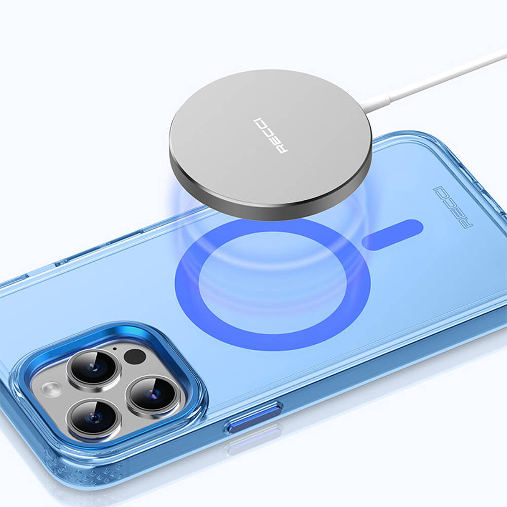 Apple iPhone 15 Pro Max Kılıf M-safe Şarj Özellikli Saydam Arka Yüzey Recci Crystal Color Serisi Kapak Mavi